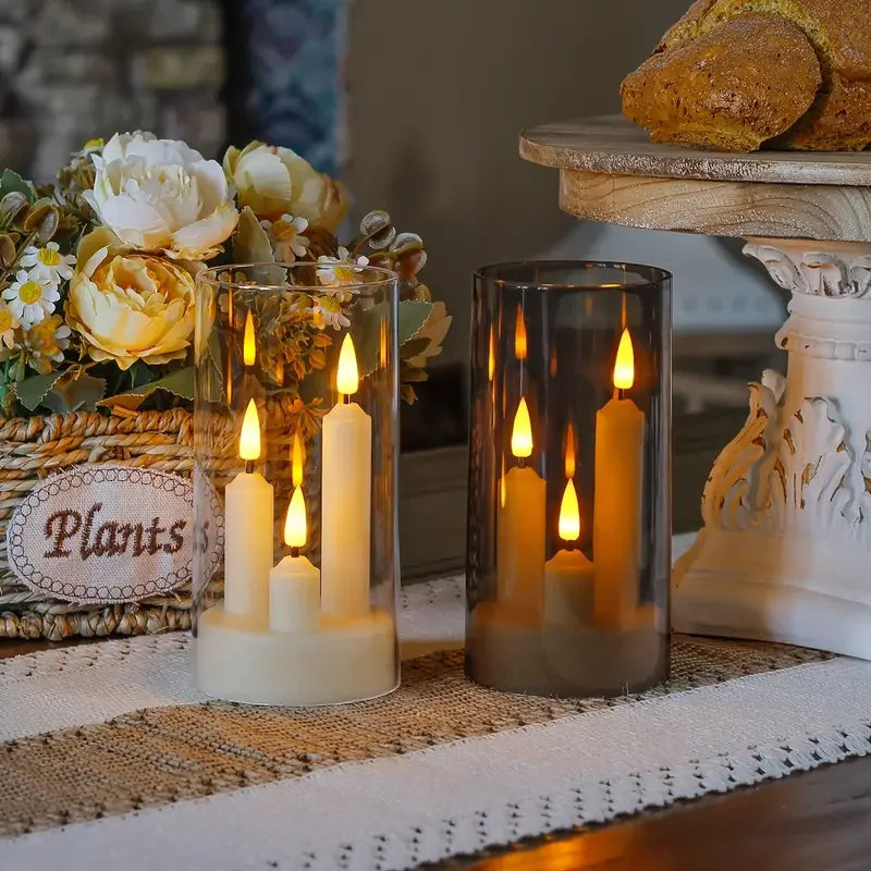 3in1 Flameless Taper Short Candles with Acrylic Lampshade Battery Operated LED Pillar Flickering Candles for Wedding Halloween