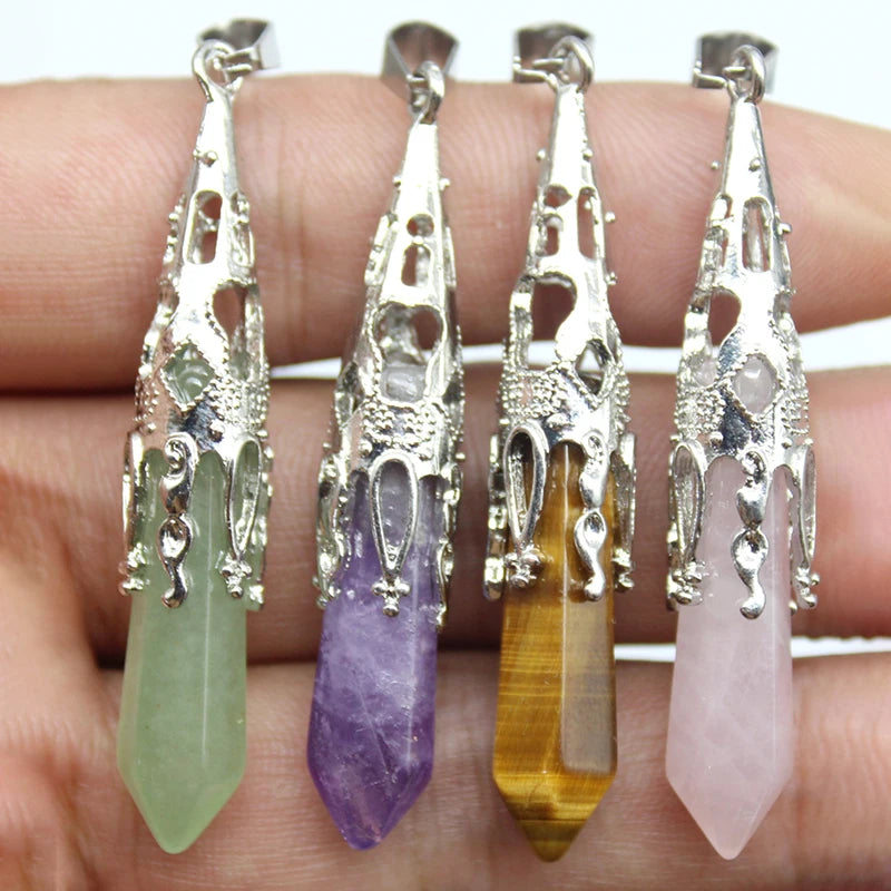 10pcs Crystal Pendulums for Dowsing Divination Natural Gem Stone Quartz Crystal Obsidian Hexagon Pendant For DIY Jewelry Making