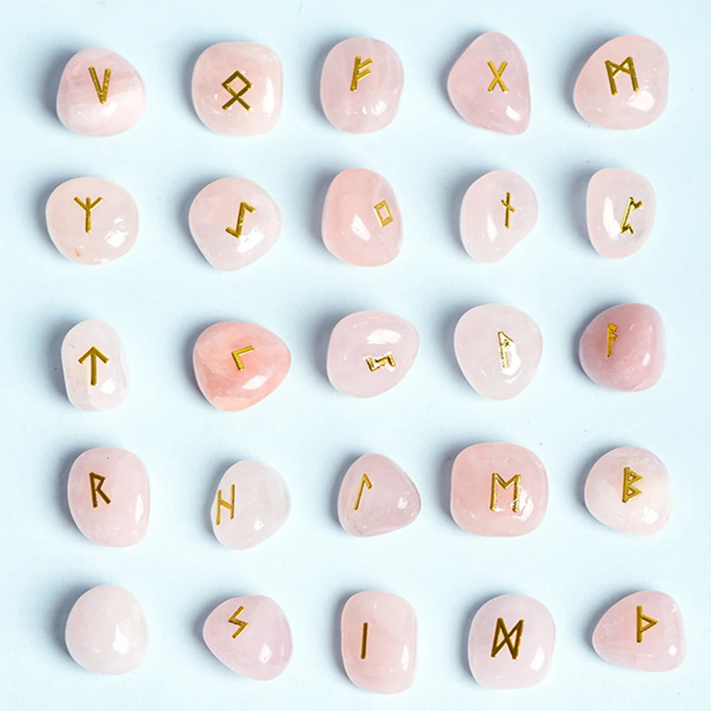 Natural Crystal Rune Stones Set 25pcs Quartz Agate Crystal Stone Witches Reiki Healing Energy Rune Letter Crystal Carving Crafts