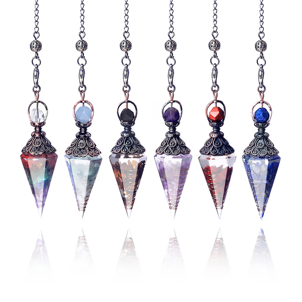 Natural Stone Crystal Pendulum Necklaces Hexagonal Cone Crushed Stone Amethysts Rose Quartz Chakra Pendant Jewelry Accessories