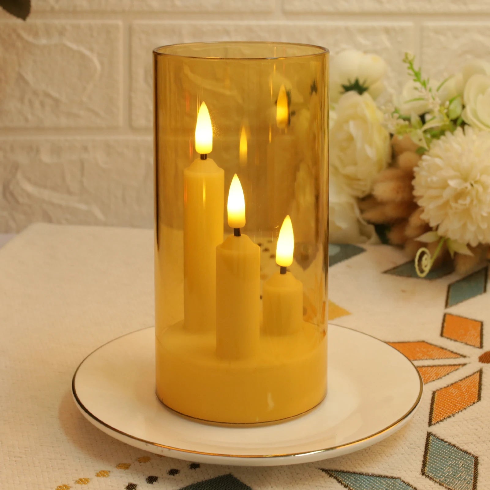 3in1 Flameless Taper Short Candles with Acrylic Lampshade Battery Operated LED Pillar Flickering Candles for Wedding Halloween