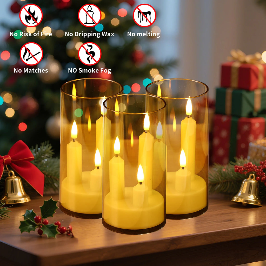 3in1 Flameless Taper Short Candles with Acrylic Lampshade Battery Operated LED Pillar Flickering Candles for Wedding Halloween