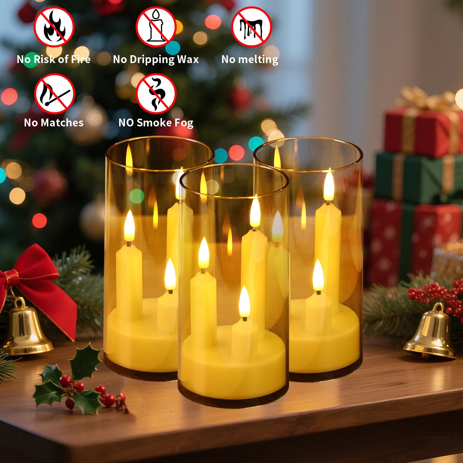 3in1 Flameless Taper Short Candles with Acrylic Lampshade Battery Operated LED Pillar Flickering Candles for Wedding Halloween