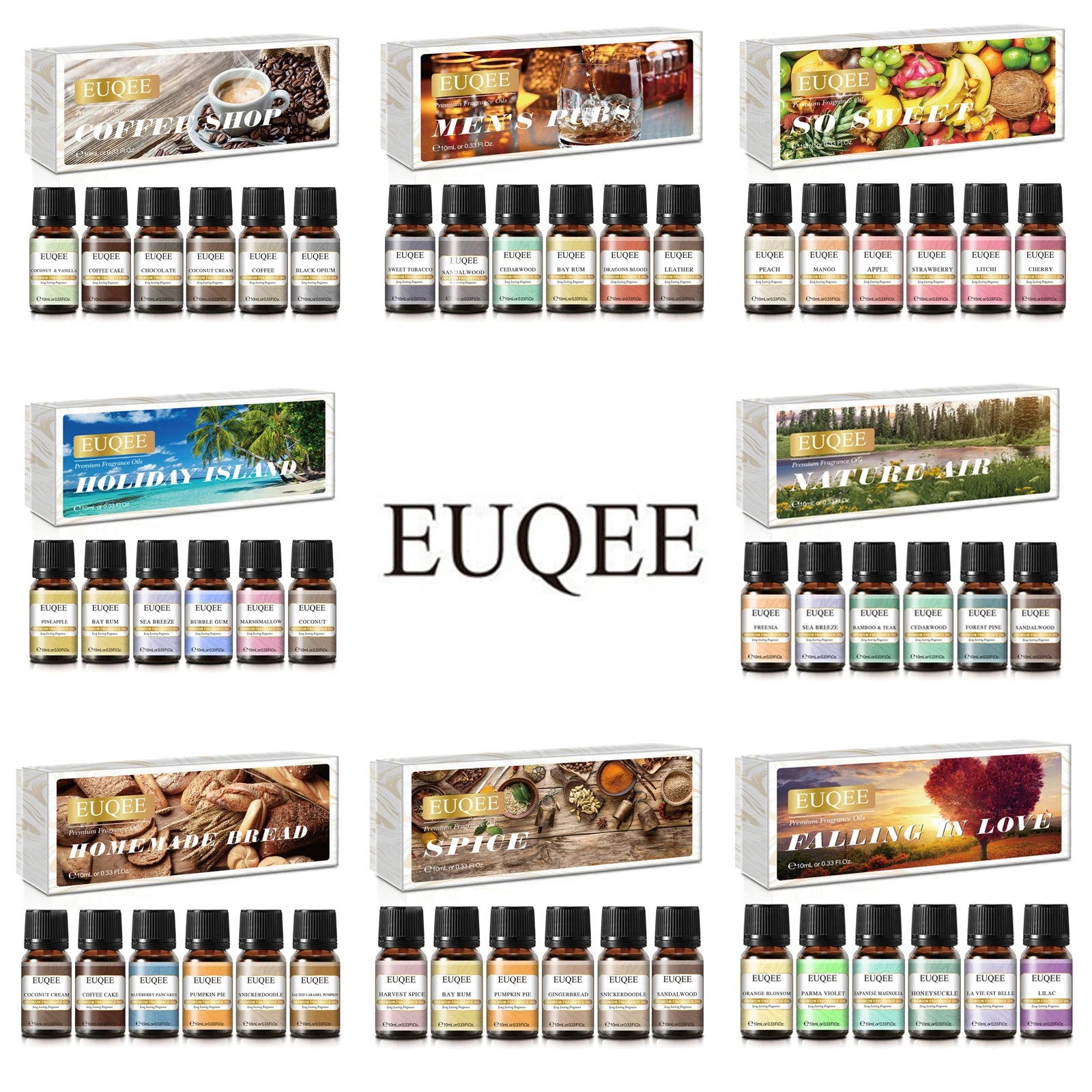 EUQEE 6PCS Aromatherapy Fragrance Oil Gift Set Coffee Fruit Series Essential Oils 10ml Strawberry Cherry Pumpkin Pie Leather