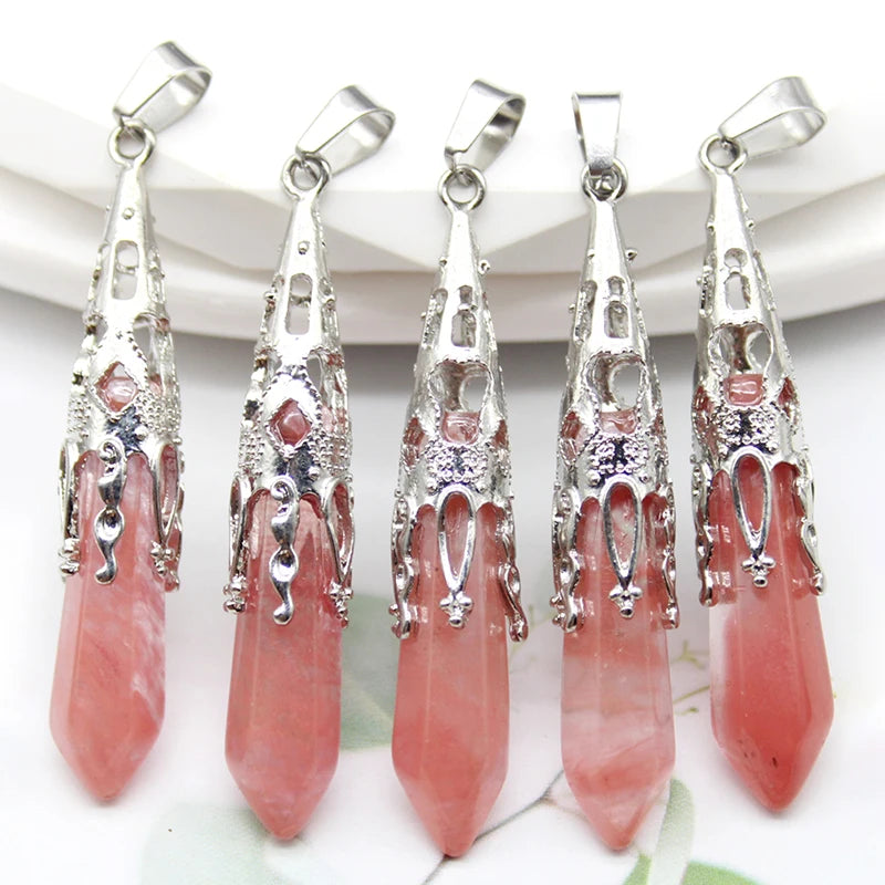 10pcs Crystal Pendulums for Dowsing Divination Natural Gem Stone Quartz Crystal Obsidian Hexagon Pendant For DIY Jewelry Making