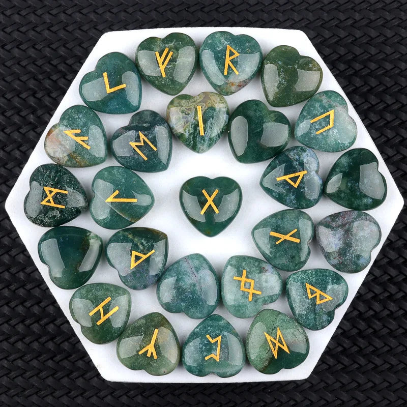 20mm Heart Shape Crystal Rune Stones Set 25pcs Quartz Agate Reiki Healing Crystals Engraved Elder Futhark Viking Alphabet Runes