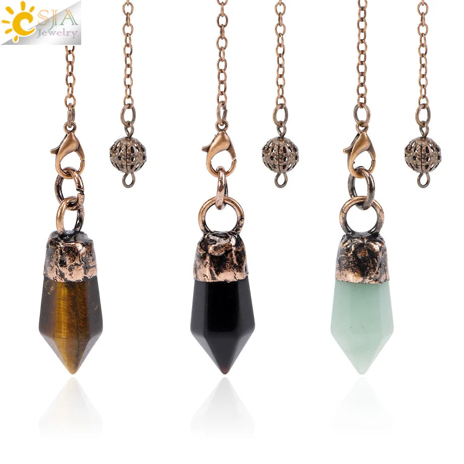 CSJA Natural Stone Cone Pendulum Reiki Amethyst Pink Crystal Gem Stone Pendulo for Dowsing Dinvination Healing Quartz H624