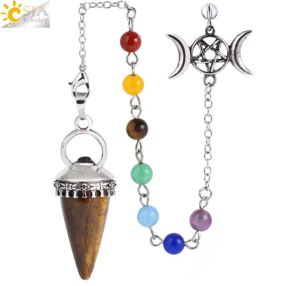 CSJA Natural Stone Cone Pendulum Reiki Amethyst Pink Crystal Gem Stone Pendulo for Dowsing Dinvination Healing Quartz H624