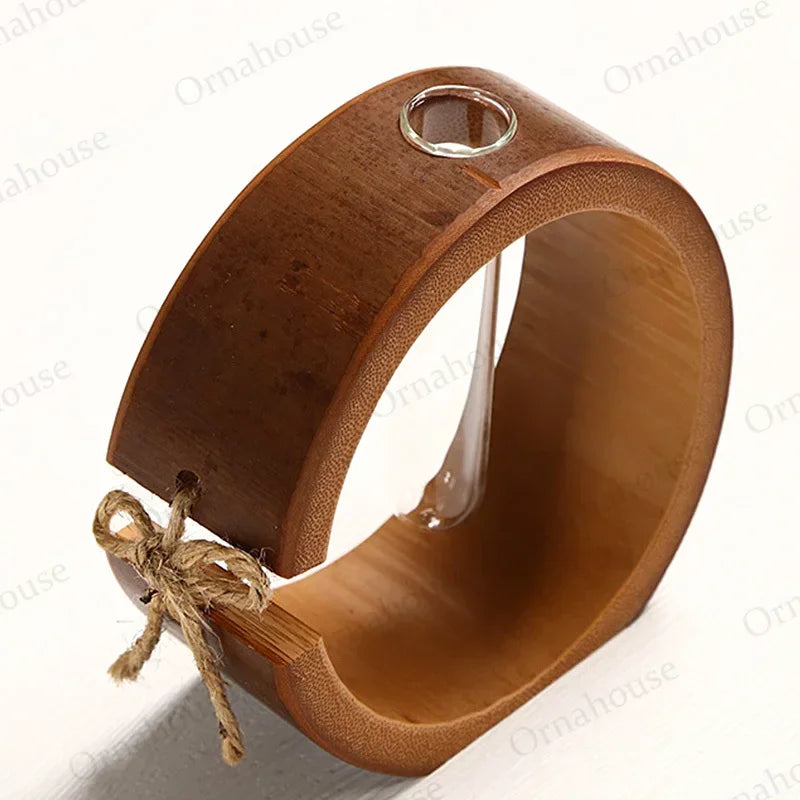 Handmade Bamboo Vase with Wooden Frame Retro Flowerpot for Bonsai Plant Home Decoration Tabletop Ornament