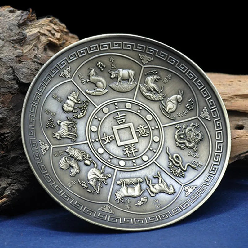Dragon and Phoenix Bronze Incense Tray Twelve Zodiac Antique Thread Incense Holder Coil Incense Burner Indoor Sandalwood Stove