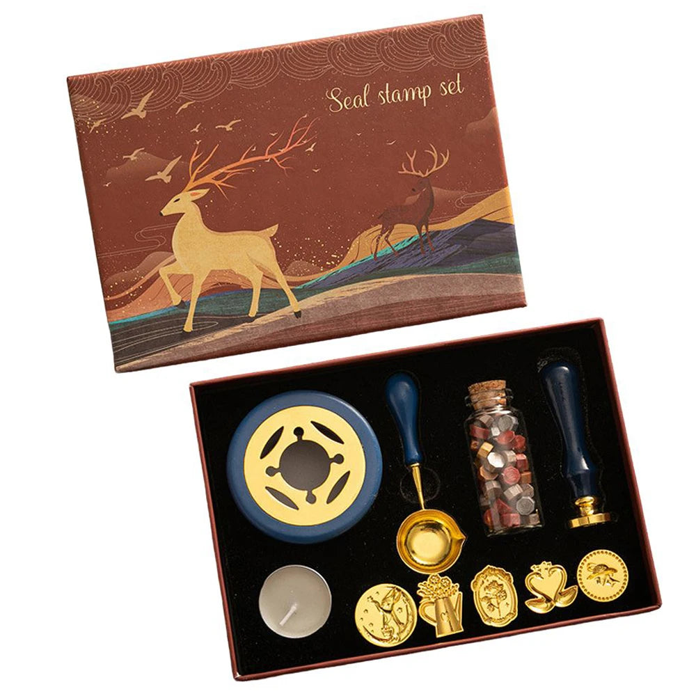 Wax Seal Stamp Kit with 6pcs Seal Stamp and Bottle of Wax Beads  Spoon/Candle/Wax Melt Warmer for Christmas Vintage Envelopes