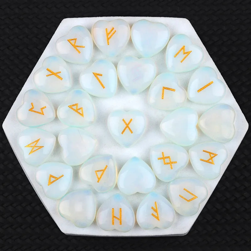20mm Heart Shape Crystal Rune Stones Set 25pcs Quartz Agate Reiki Healing Crystals Engraved Elder Futhark Viking Alphabet Runes
