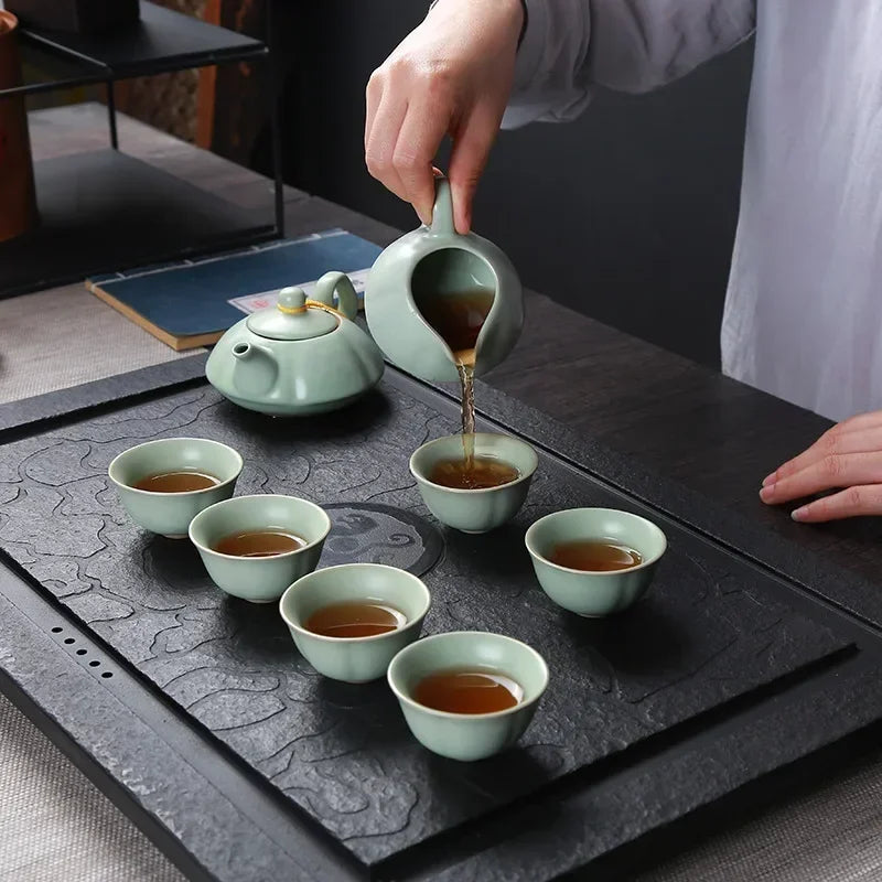 Creative Business Gift Ceramic Tea Set Teaware Geyao Ru Kiln A Pot of Six Cups of Tea Cups with Hand Gift Box Japanese TeaSet