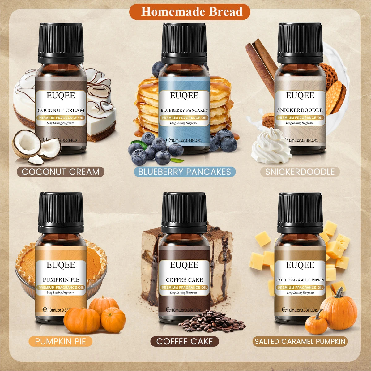EUQEE 6PCS Aromatherapy Fragrance Oil Gift Set Coffee Fruit Series Essential Oils 10ml Strawberry Cherry Pumpkin Pie Leather