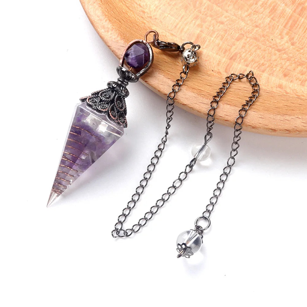 Natural Stone Crystal Pendulum Necklaces Hexagonal Cone Crushed Stone Amethysts Rose Quartz Chakra Pendant Jewelry Accessories