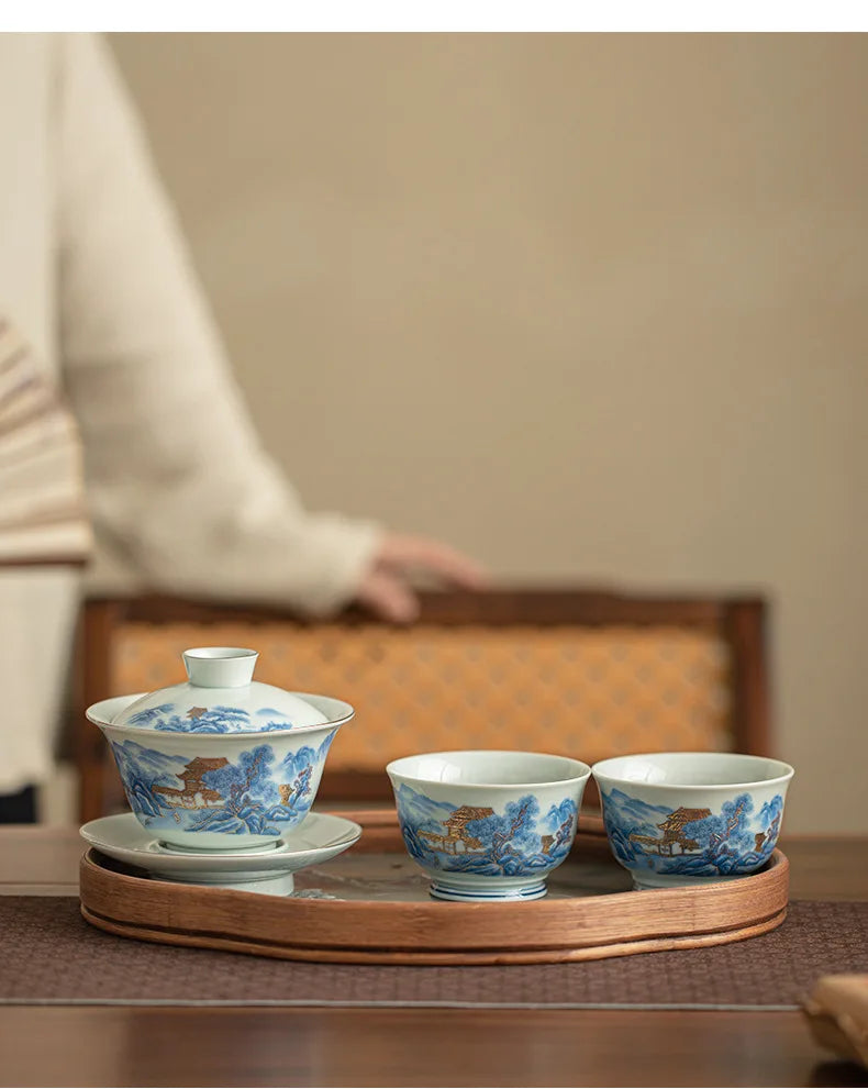 Blue And White Landscape Handmade Ceramic Sancai Tea Set Complete Set Zen Tea Ceremony Set Teapot And Tea Cup Set Tea Services