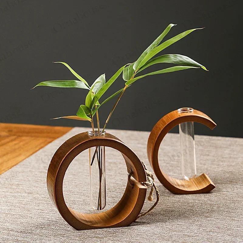 Handmade Bamboo Vase with Wooden Frame Retro Flowerpot for Bonsai Plant Home Decoration Tabletop Ornament