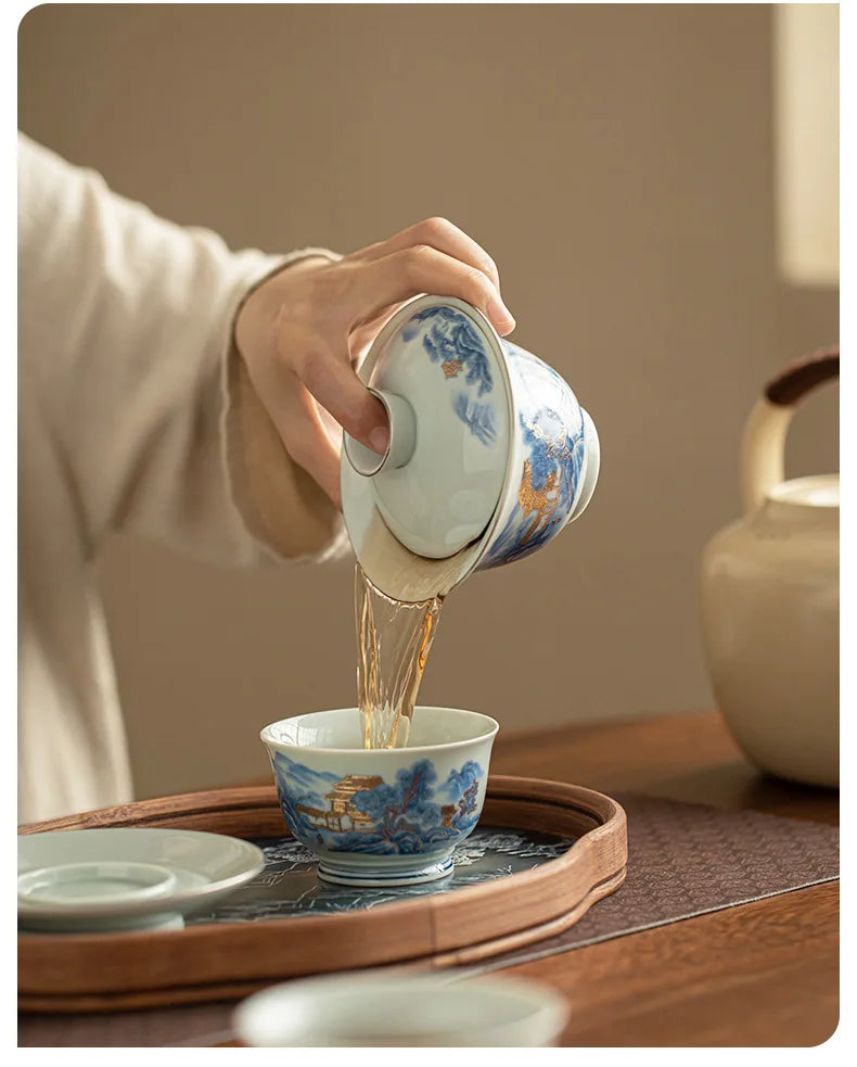Blue And White Landscape Handmade Ceramic Sancai Tea Set Complete Set Zen Tea Ceremony Set Teapot And Tea Cup Set Tea Services