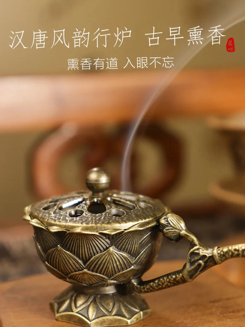 Lotus Flower Incense Burner With Handle Retro Copper Lotus Hollow Out Incense Stick Burner Brass Small Metal Craft Home Decor