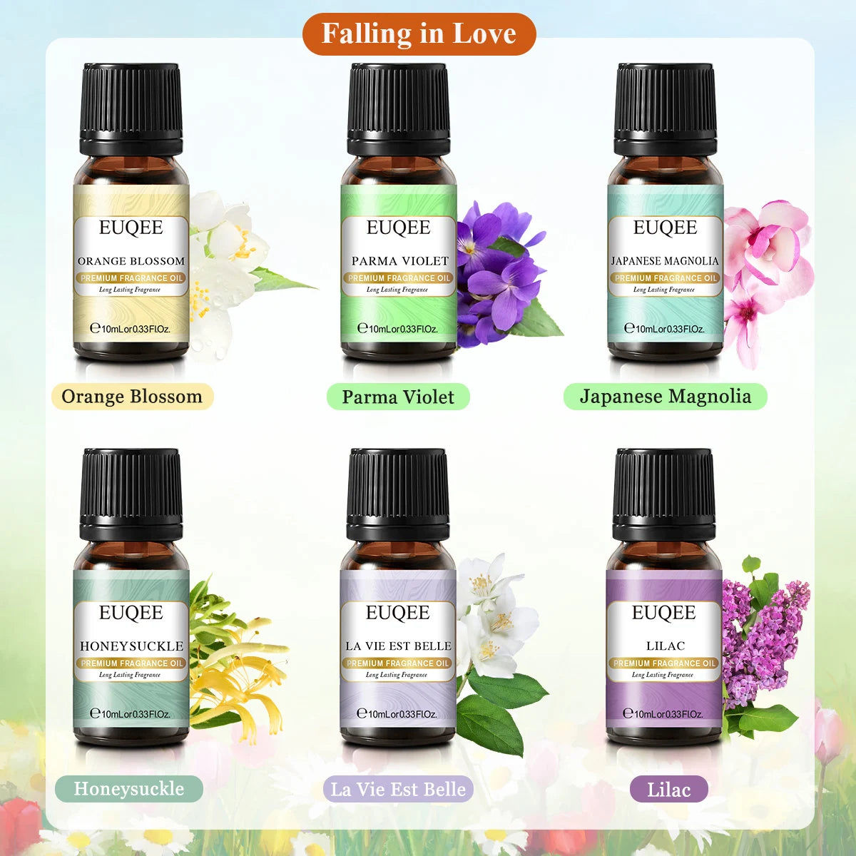 EUQEE 6PCS Aromatherapy Fragrance Oil Gift Set Coffee Fruit Series Essential Oils 10ml Strawberry Cherry Pumpkin Pie Leather