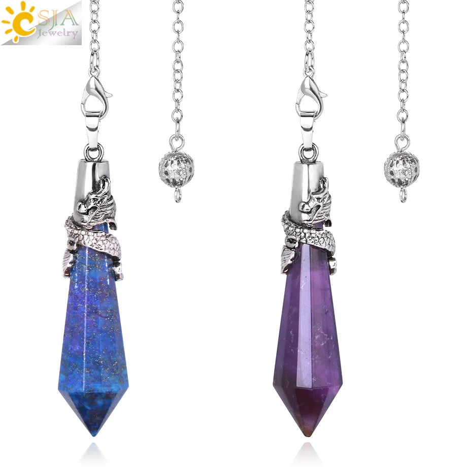 CSJA Natural Stone Cone Pendulum Reiki Amethyst Pink Crystal Gem Stone Pendulo for Dowsing Dinvination Healing Quartz H624