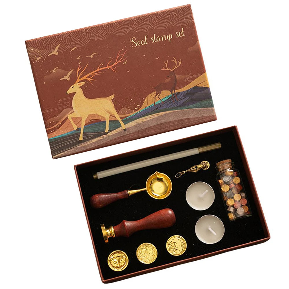 Wax Seal Stamp Kit with 6pcs Seal Stamp and Bottle of Wax Beads  Spoon/Candle/Wax Melt Warmer for Christmas Vintage Envelopes