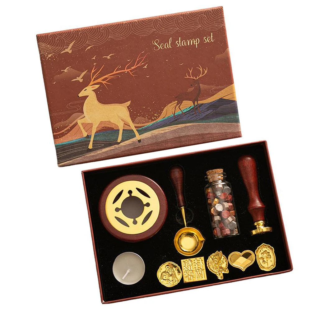 Wax Seal Stamp Kit with 6pcs Seal Stamp and Bottle of Wax Beads  Spoon/Candle/Wax Melt Warmer for Christmas Vintage Envelopes