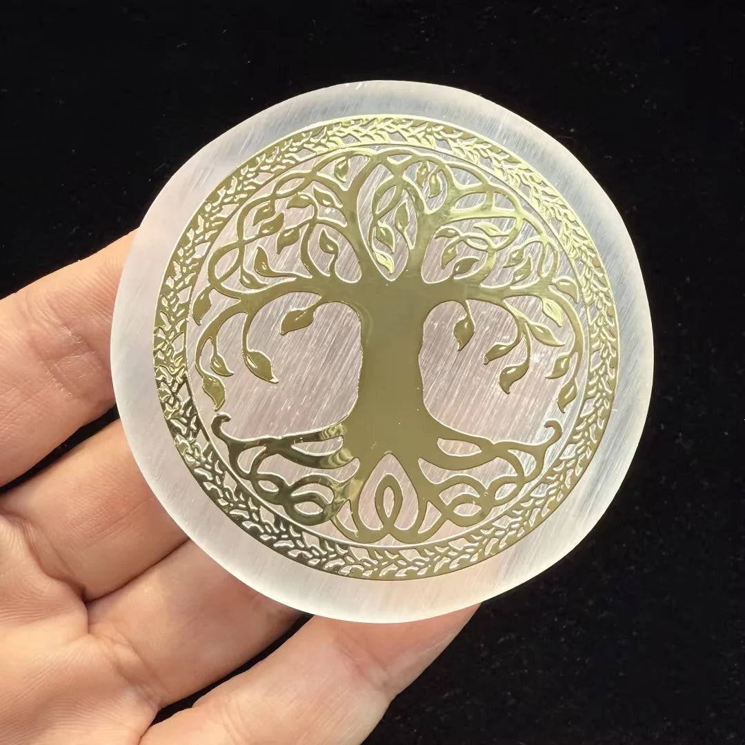 1pc Natural Selenite Slice Irregular Crystal Stone - Mixed Style Boho Star Moon Tree Flower Golden Tray Jewelry Accessories Art