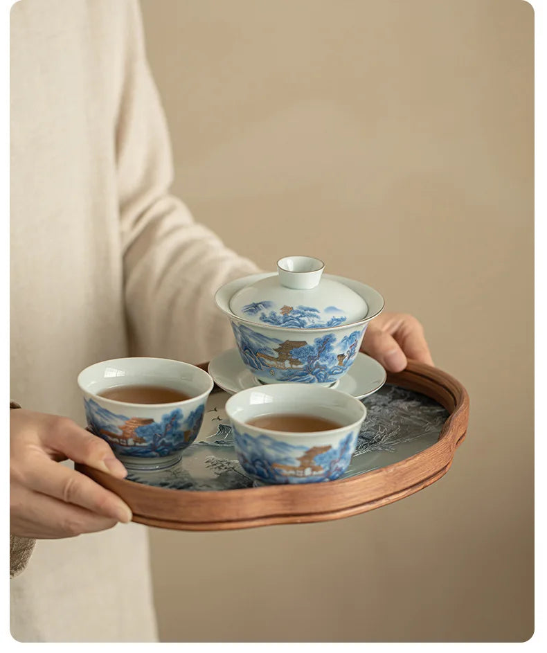 Blue And White Landscape Handmade Ceramic Sancai Tea Set Complete Set Zen Tea Ceremony Set Teapot And Tea Cup Set Tea Services