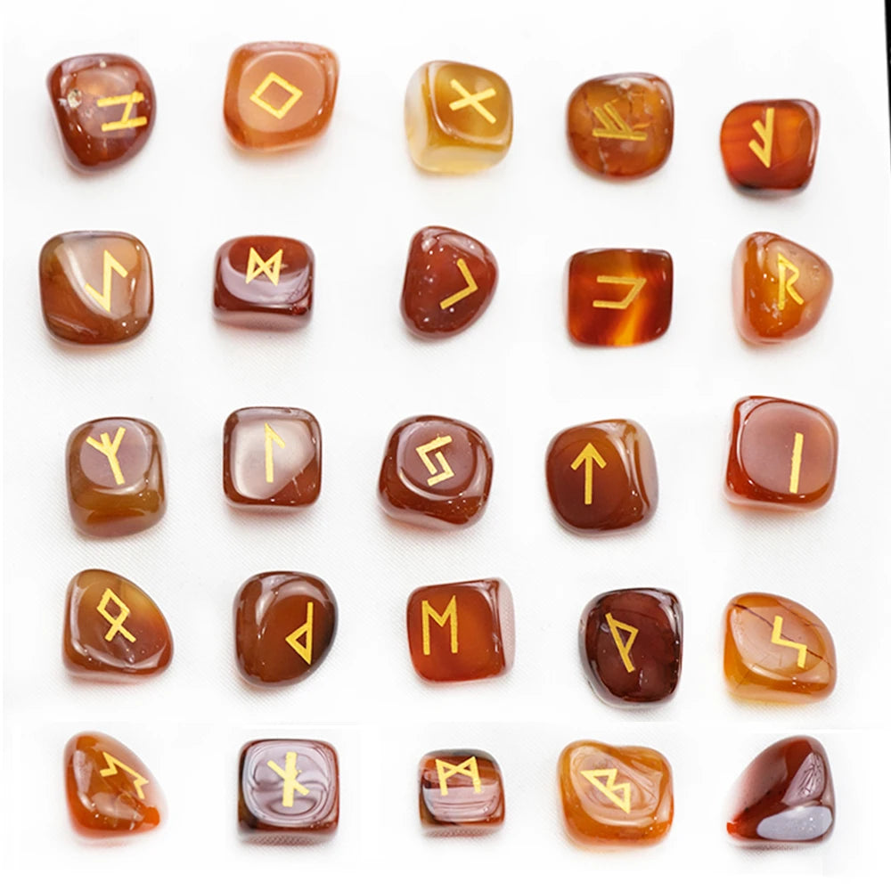 Natural Crystal Rune Stones Set 25pcs Quartz Agate Crystal Stone Witches Reiki Healing Energy Rune Letter Crystal Carving Crafts