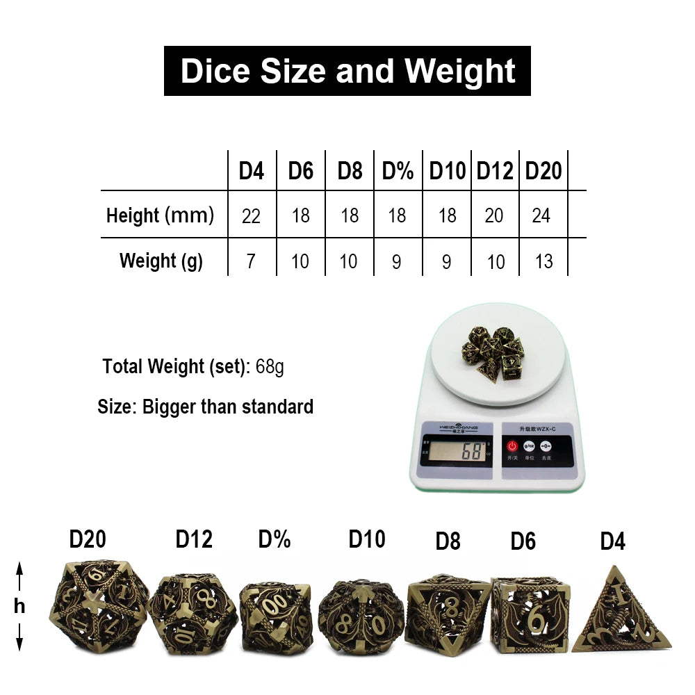 Flying Dragon Polyhedral Dice Set for Role Playing GamePathfinder, Hollow Metal Dice, D & D Dice, 7 PCs, New, 2022