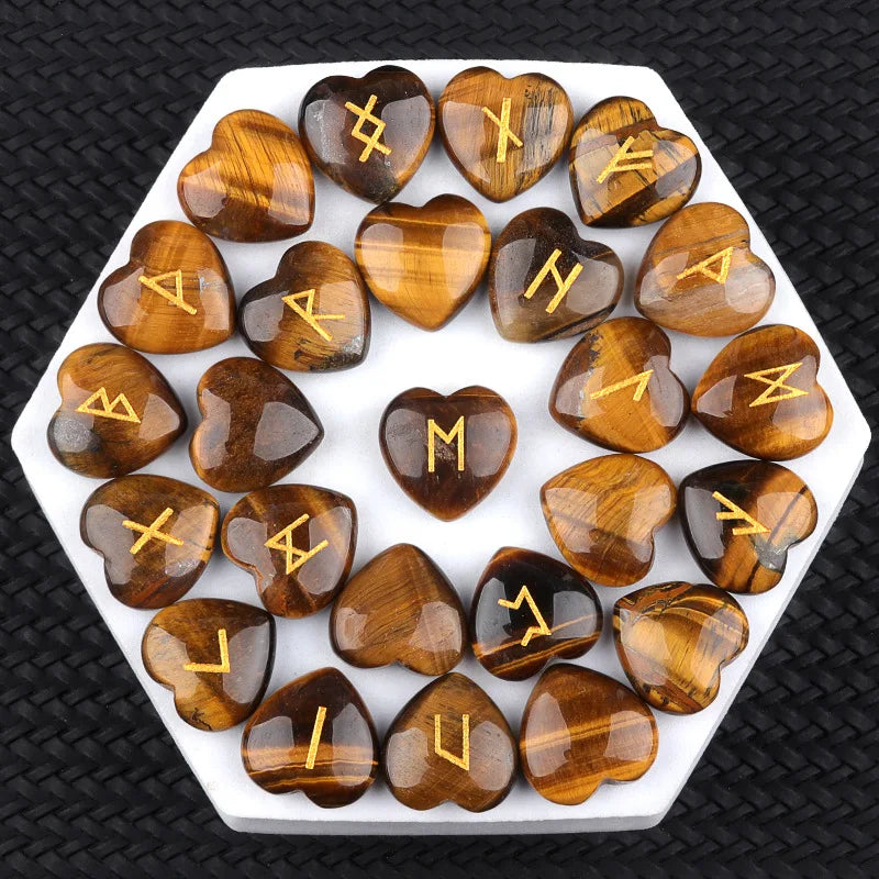 20mm Heart Shape Crystal Rune Stones Set 25pcs Quartz Agate Reiki Healing Crystals Engraved Elder Futhark Viking Alphabet Runes