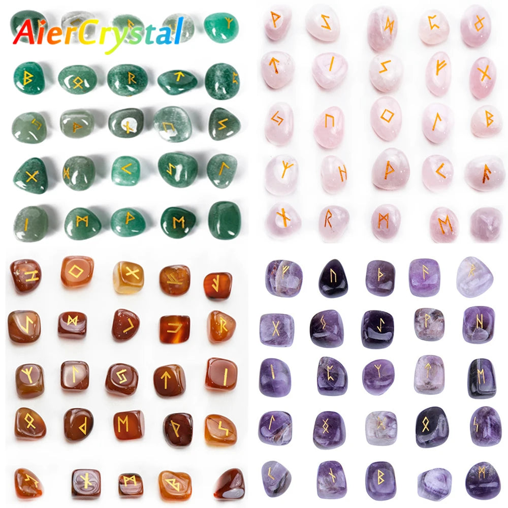 Natural Crystal Rune Stones Set 25pcs Quartz Agate Crystal Stone Witches Reiki Healing Energy Rune Letter Crystal Carving Crafts