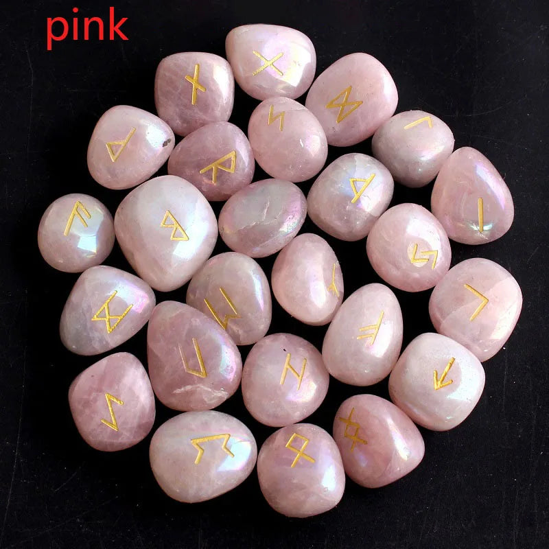 Natural Crystal Rune Stones Set 25pcs Quartz Agate Crystal Stone Witches Reiki Healing Energy Rune Letter Crystal Carving Crafts