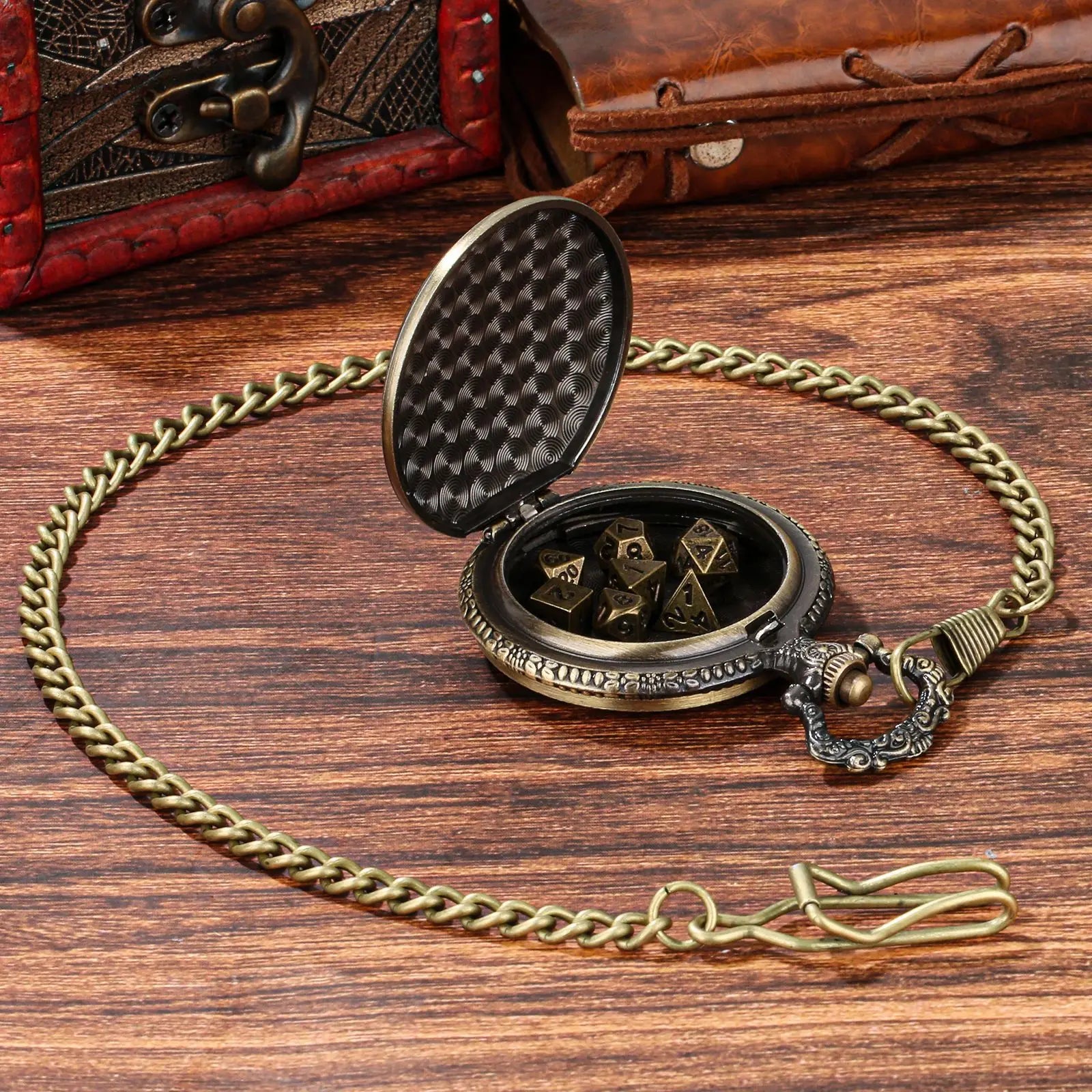 Retro Hammer Double Dragon DND Dice Jewelry Pocket Watch Case with 7pcs Metal Dice for Dungeons & Dragons RPG Dice Pendant