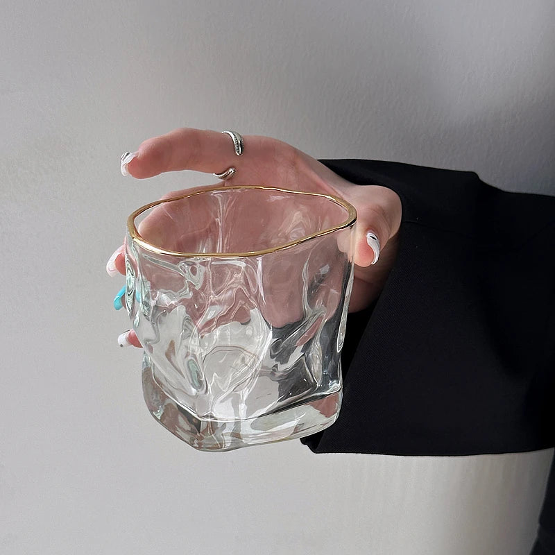 2pcs Set 280ml Golden Edged Irregular Glass Cup Twist Coffee Cup Cafe Juice Milk Mugs Hotel Restaurant Household Exquisite Gift