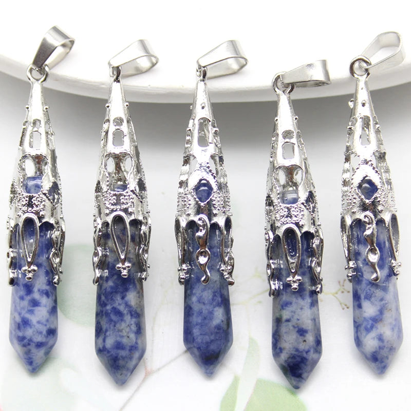 10pcs Crystal Pendulums for Dowsing Divination Natural Gem Stone Quartz Crystal Obsidian Hexagon Pendant For DIY Jewelry Making