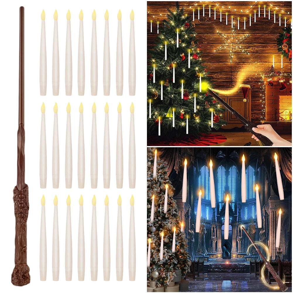 10-24PCS Flameless Floating Candles With Magic Wand Remote Battery Operated Hanging Flickering Warm Light Candle Wedding Christm