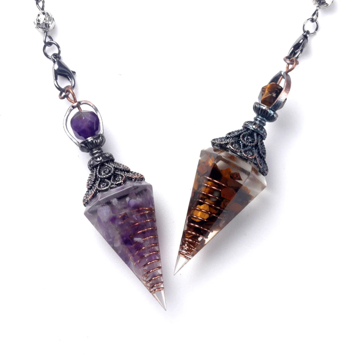 Natural Stone Crystal Pendulum Necklaces Hexagonal Cone Crushed Stone Amethysts Rose Quartz Chakra Pendant Jewelry Accessories
