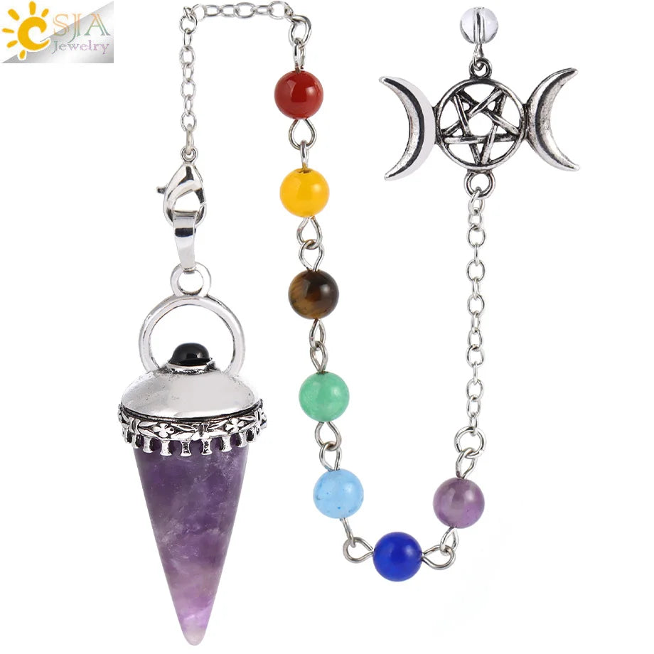CSJA Natural Stone Cone Pendulum Reiki Amethyst Pink Crystal Gem Stone Pendulo for Dowsing Dinvination Healing Quartz H624