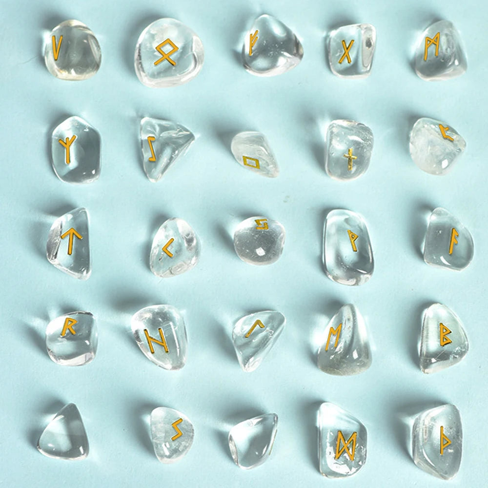 Natural Crystal Rune Stones Set 25pcs Quartz Agate Crystal Stone Witches Reiki Healing Energy Rune Letter Crystal Carving Crafts