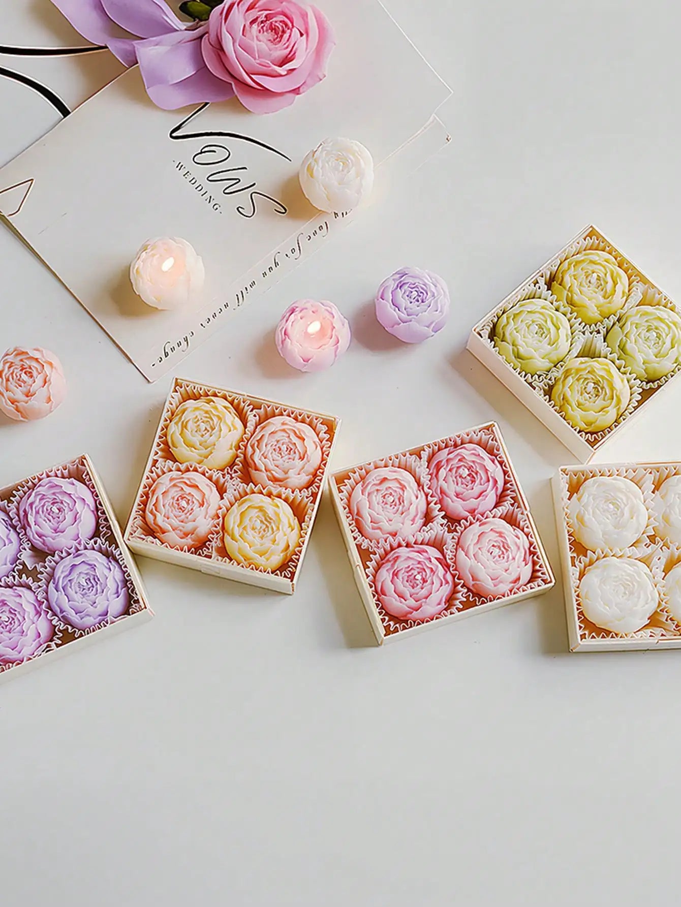 Rose Flower Shaped Soy Wax Candle Set of 4 Gift Box, Handmade Decorative Smokeless Candles for Home Decor,Birthday,Wedding Gifts
