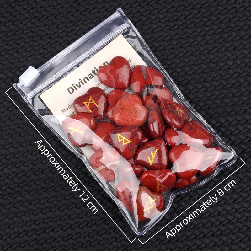 20mm Heart Shape Crystal Rune Stones Set 25pcs Quartz Agate Reiki Healing Crystals Engraved Elder Futhark Viking Alphabet Runes
