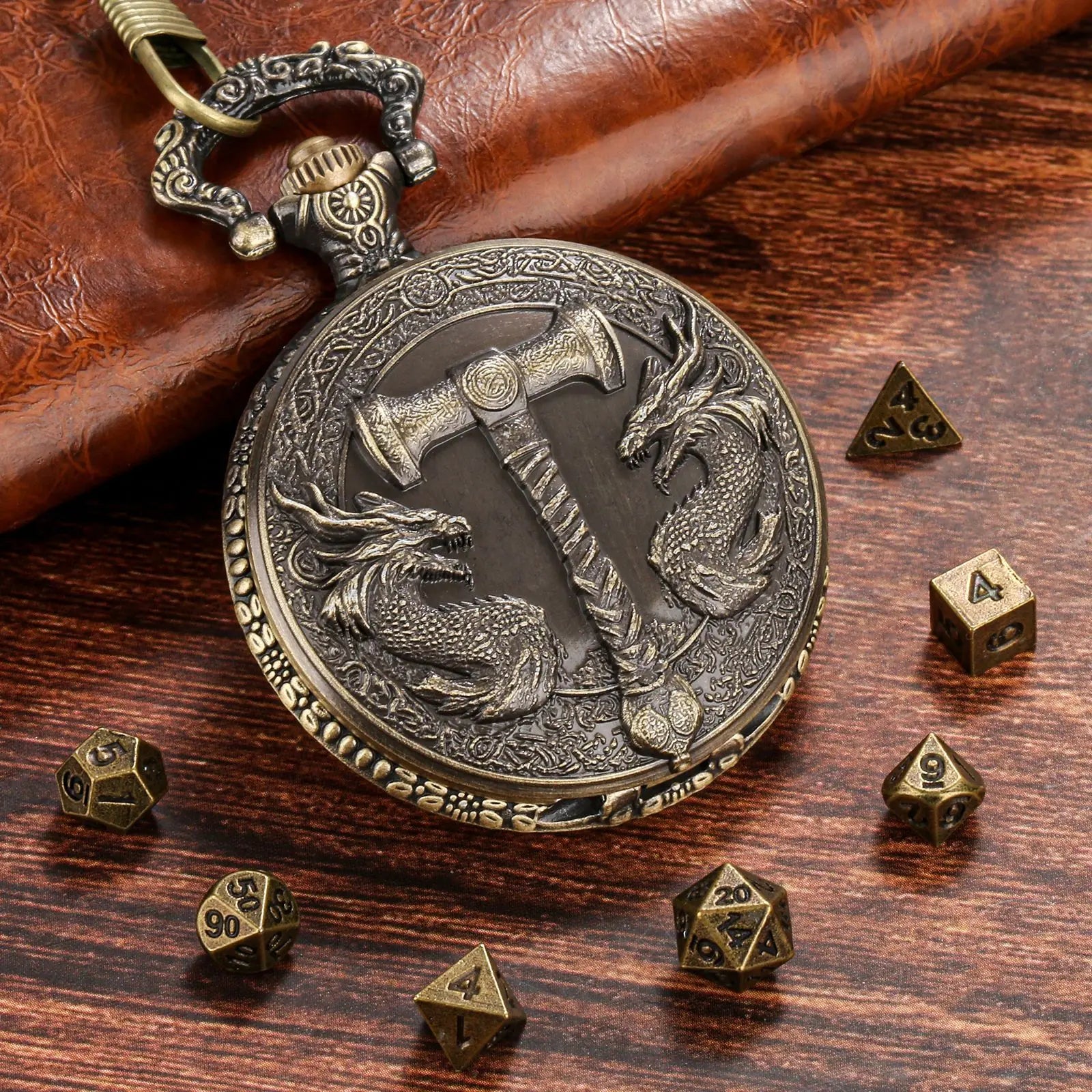 Retro Hammer Double Dragon DND Dice Jewelry Pocket Watch Case with 7pcs Metal Dice for Dungeons & Dragons RPG Dice Pendant