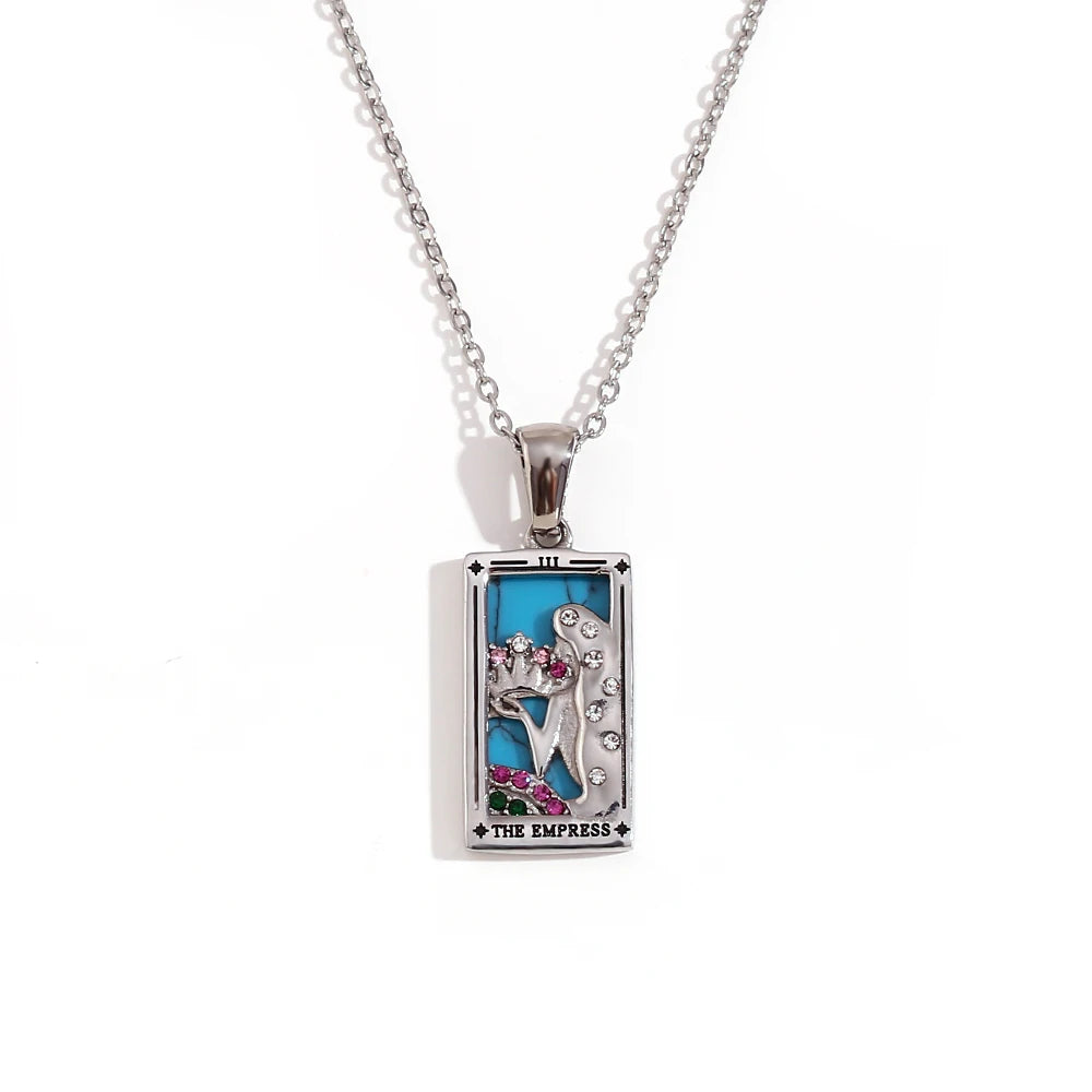 MamacitaSlay New In Populry Rectangular Pendant Empress Lovers Magician Tarot Waterproof Stainless Steel Necklace For Women