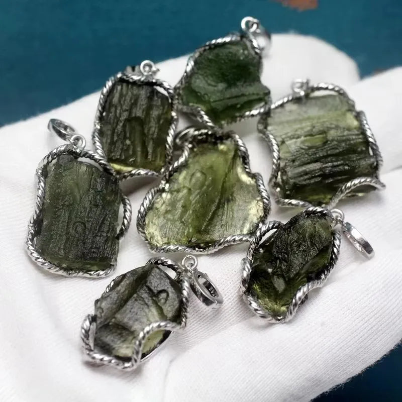 Meihan Natural Czech Moldavite 925 Sterling Silver Pendant Irregular Shape Fine Jewelry for Eliminating Negative Energy