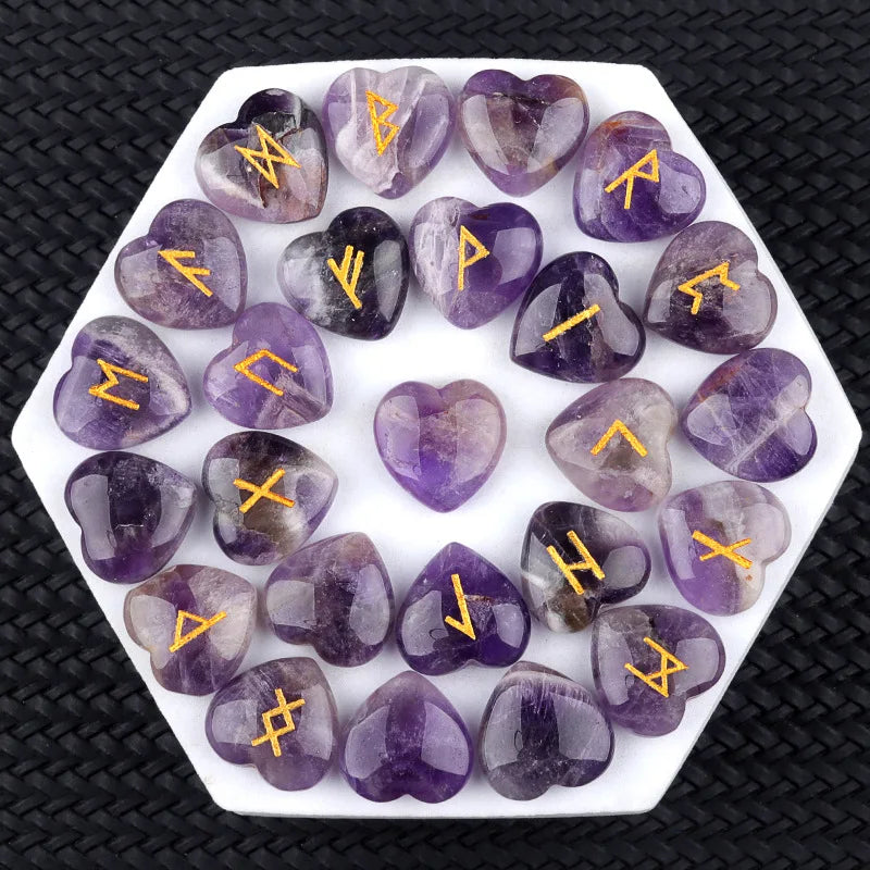 20mm Heart Shape Crystal Rune Stones Set 25pcs Quartz Agate Reiki Healing Crystals Engraved Elder Futhark Viking Alphabet Runes
