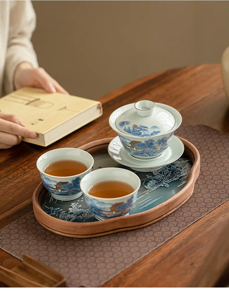 Blue And White Landscape Handmade Ceramic Sancai Tea Set Complete Set Zen Tea Ceremony Set Teapot And Tea Cup Set Tea Services