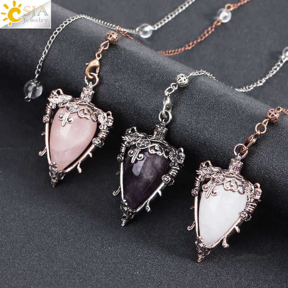 CSJA Natural Stone Cone Pendulum Reiki Amethyst Pink Crystal Gem Stone Pendulo for Dowsing Dinvination Healing Quartz H624