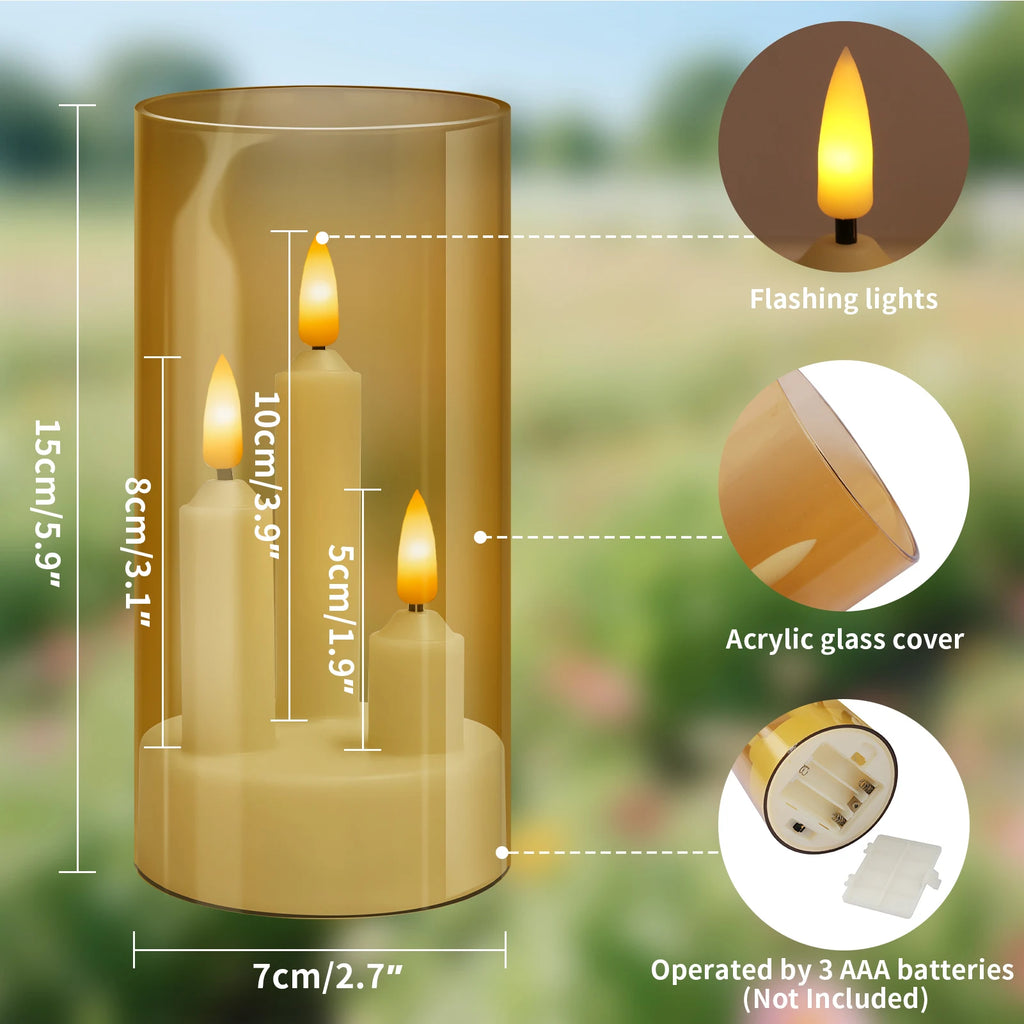 3in1 Flameless Taper Short Candles with Acrylic Lampshade Battery Operated LED Pillar Flickering Candles for Wedding Halloween